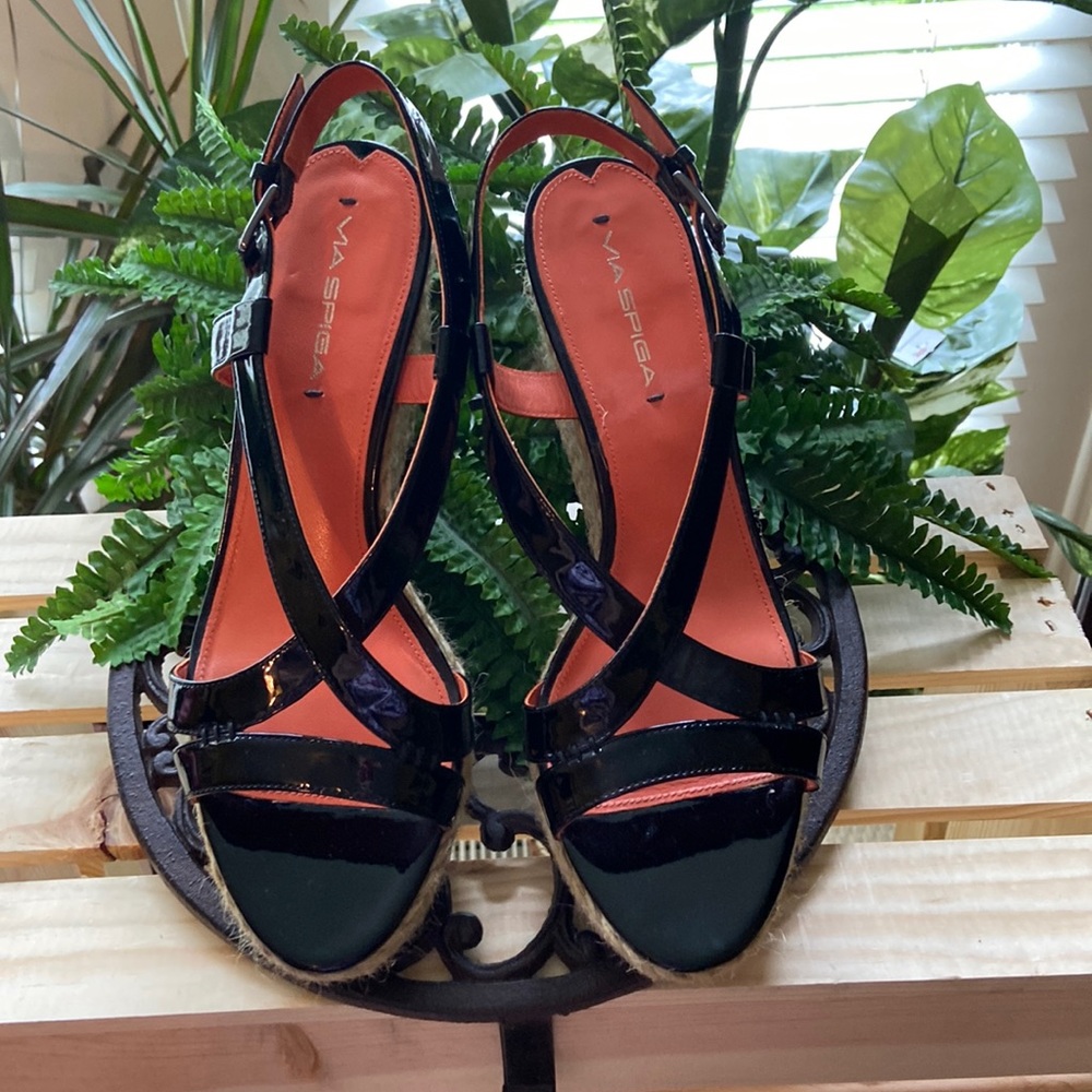 Via Spiga Monique Black Patent Leather Platform Wedge Sandals